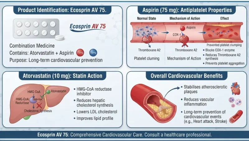Ecosprin AV 75 infographic showing atorvastatin and aspirin combination mechanism, including statin action on cholesterol synthesis, aspirin antiplatelet effects, and overall cardiovascular benefits