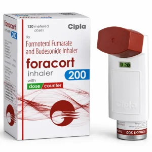 Foracort 200 inhaler box and device by Cipla, Formoterol Fumarate and Budesonide combination inhaler with dose counter, 120 metered doses