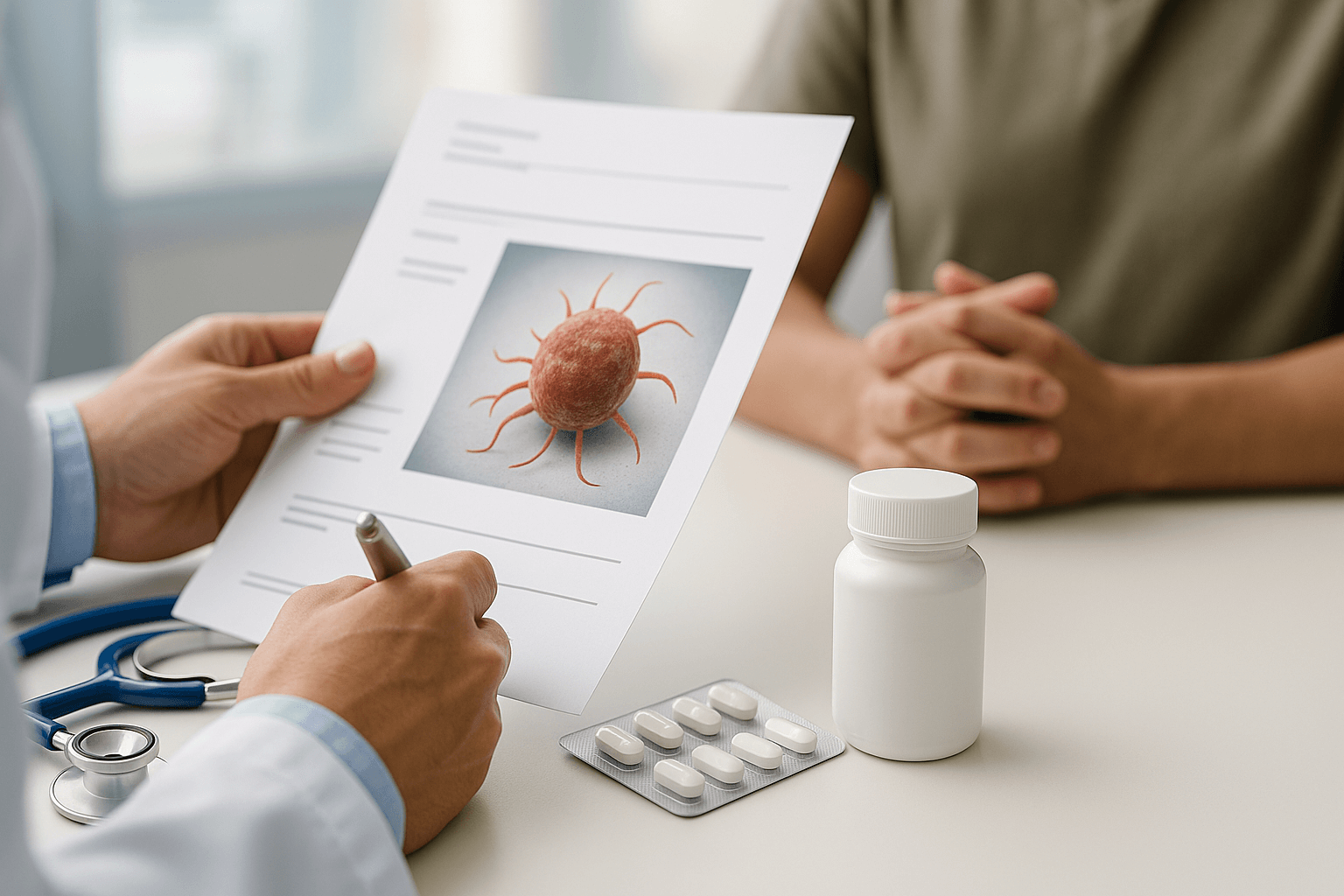 Doctor showing a patient a parasite image with medicine on the table.