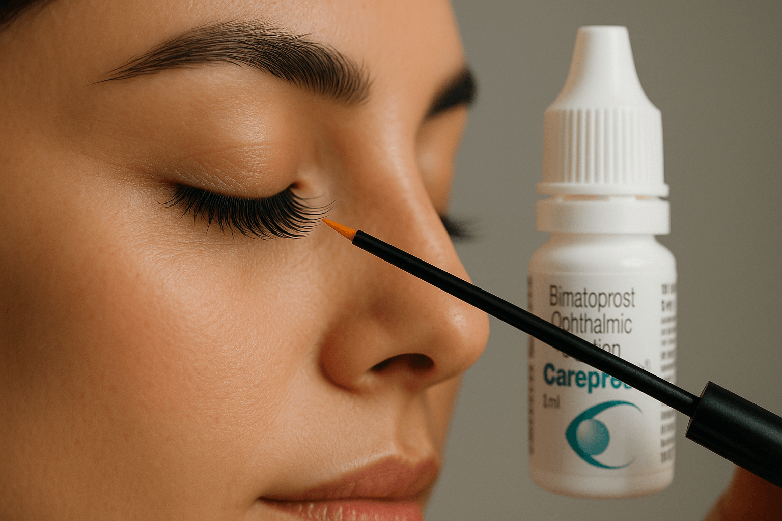 Woman applying Careprost eyelash serum with applicator brush