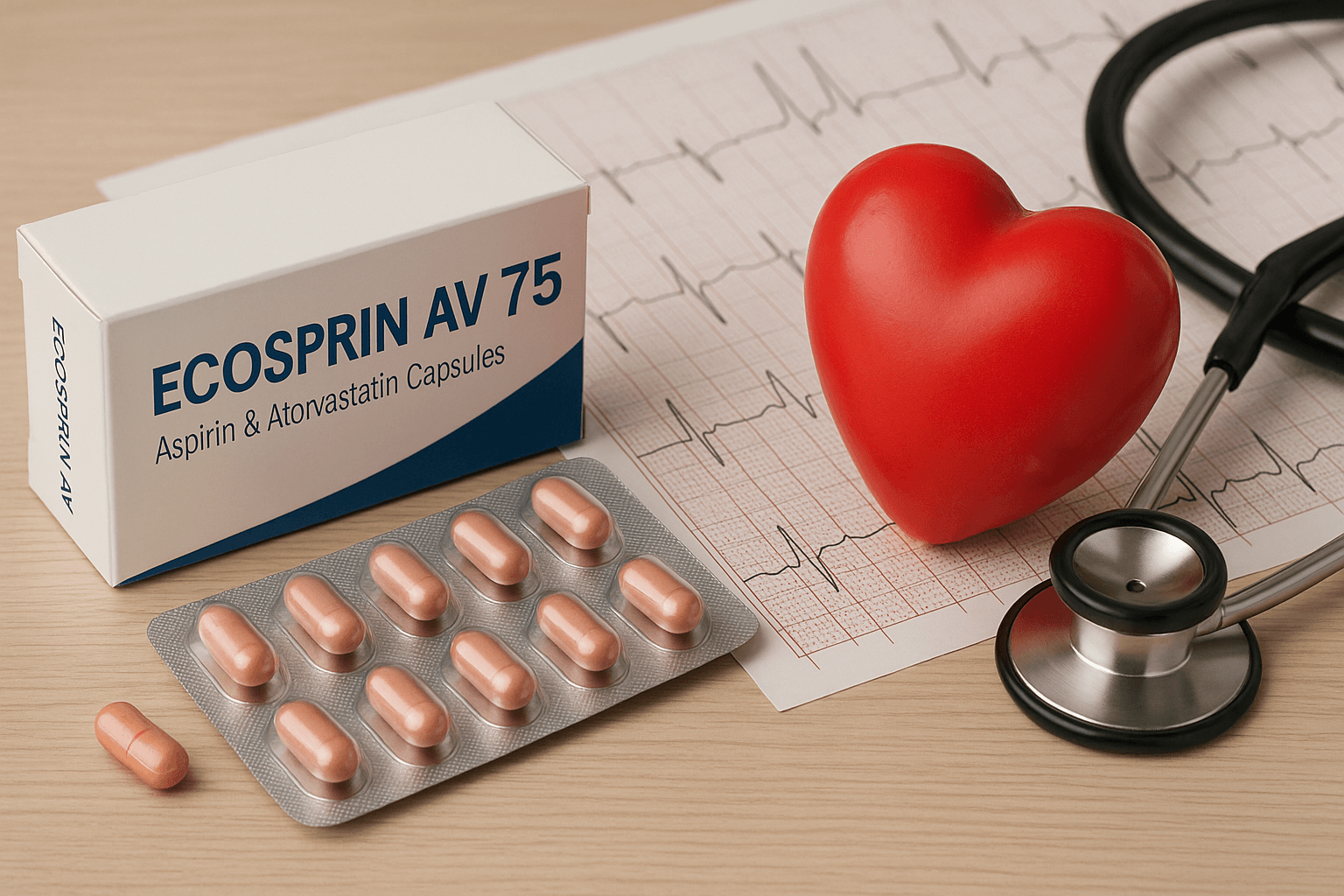 Ecosprin AV 75 with an ECG and a stethoscope.