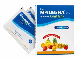 Malegra 100mg Sildenafil Oral Jelly box and sachets, assorted fruit flavour, 1 week pack, 5gm single dose sachets
