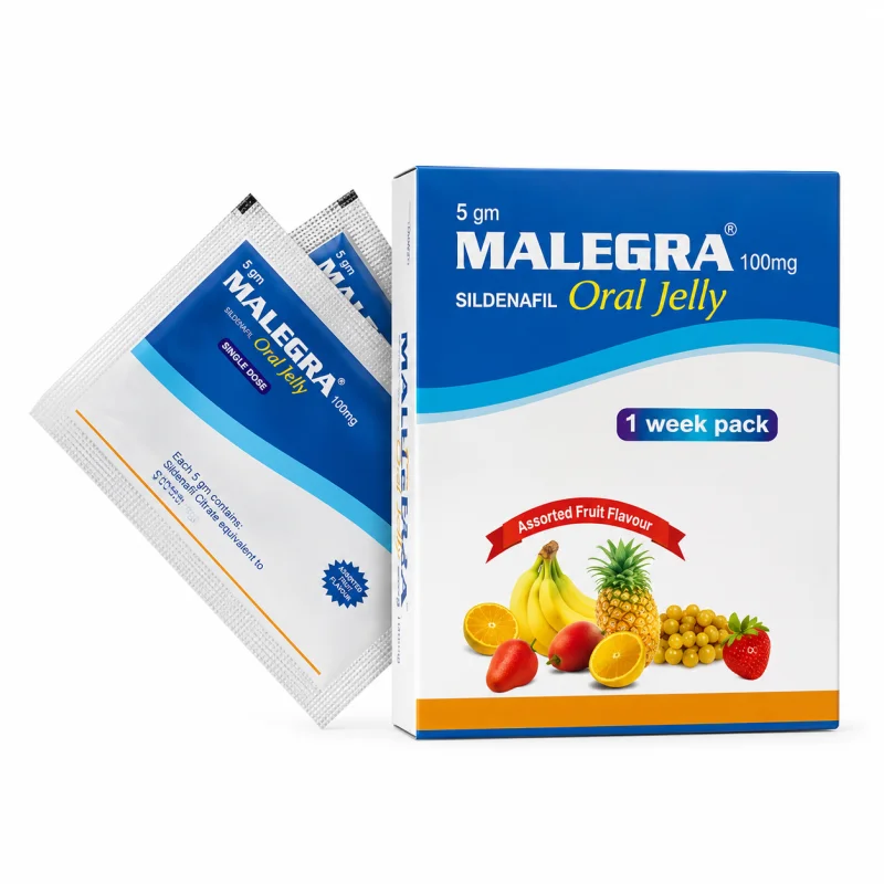 Malegra 100mg Sildenafil Oral Jelly box and sachets, assorted fruit flavour, 1 week pack, 5gm single dose sachets