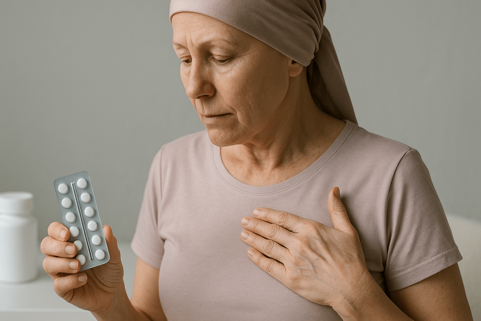 A woman with soreness in her chest while clutching medicine.
