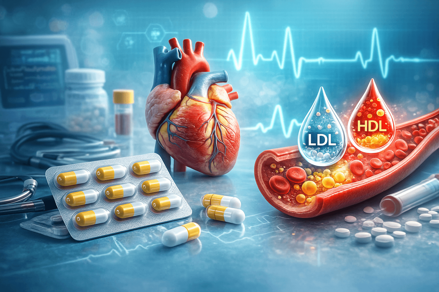 Cholesterol control and heart health capsules illustration