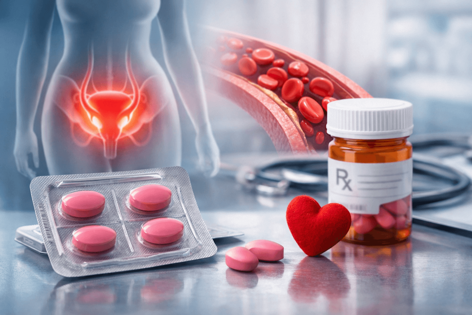 Female sexual arousal medicine tablets showing improved blood circulation and prescription treatment support