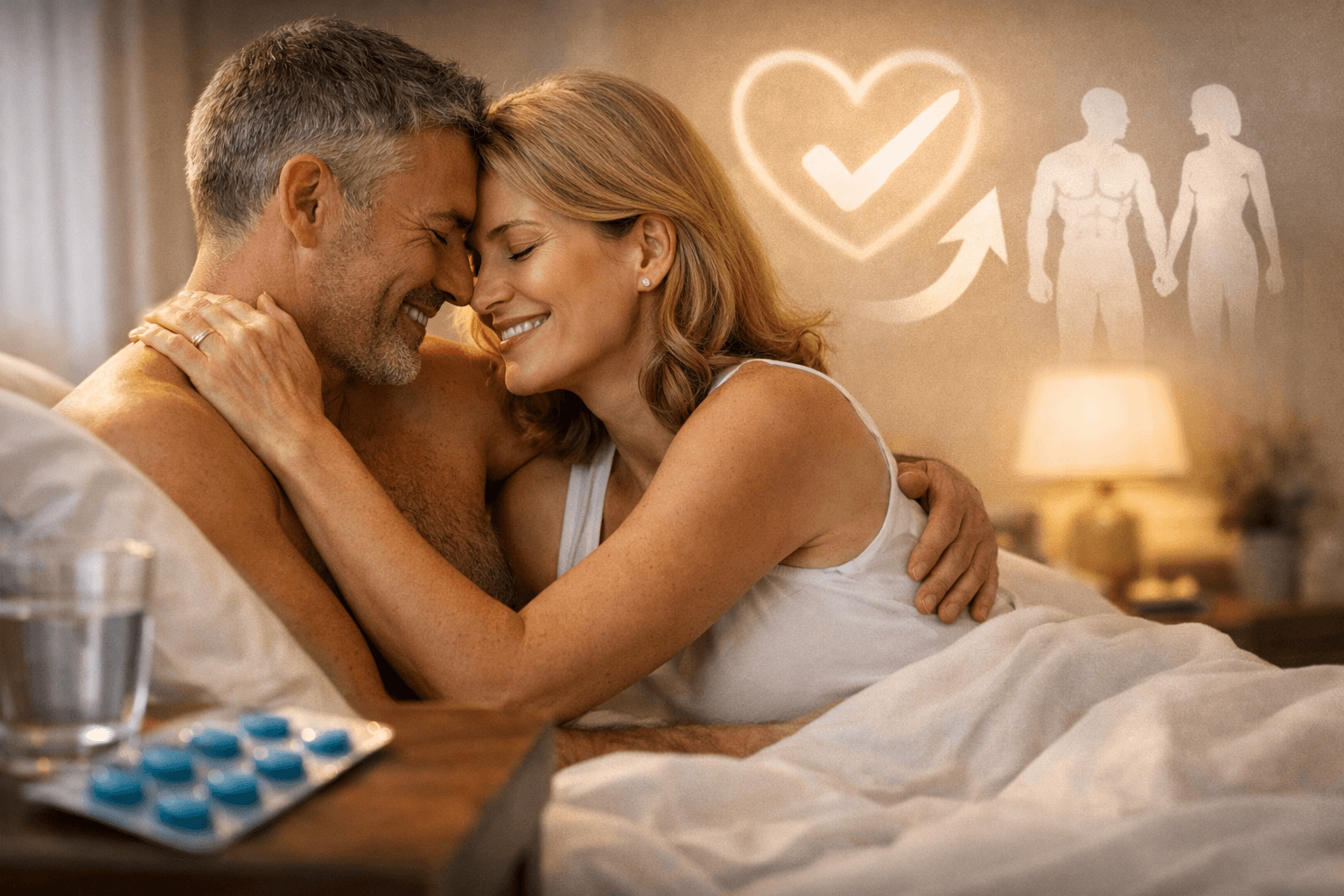 Couple enjoying intimacy with erectile dysfunction treatment tablets nearby