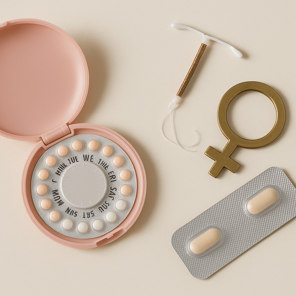 On a light background are birth control tablets, an IUD, and a female symbol.