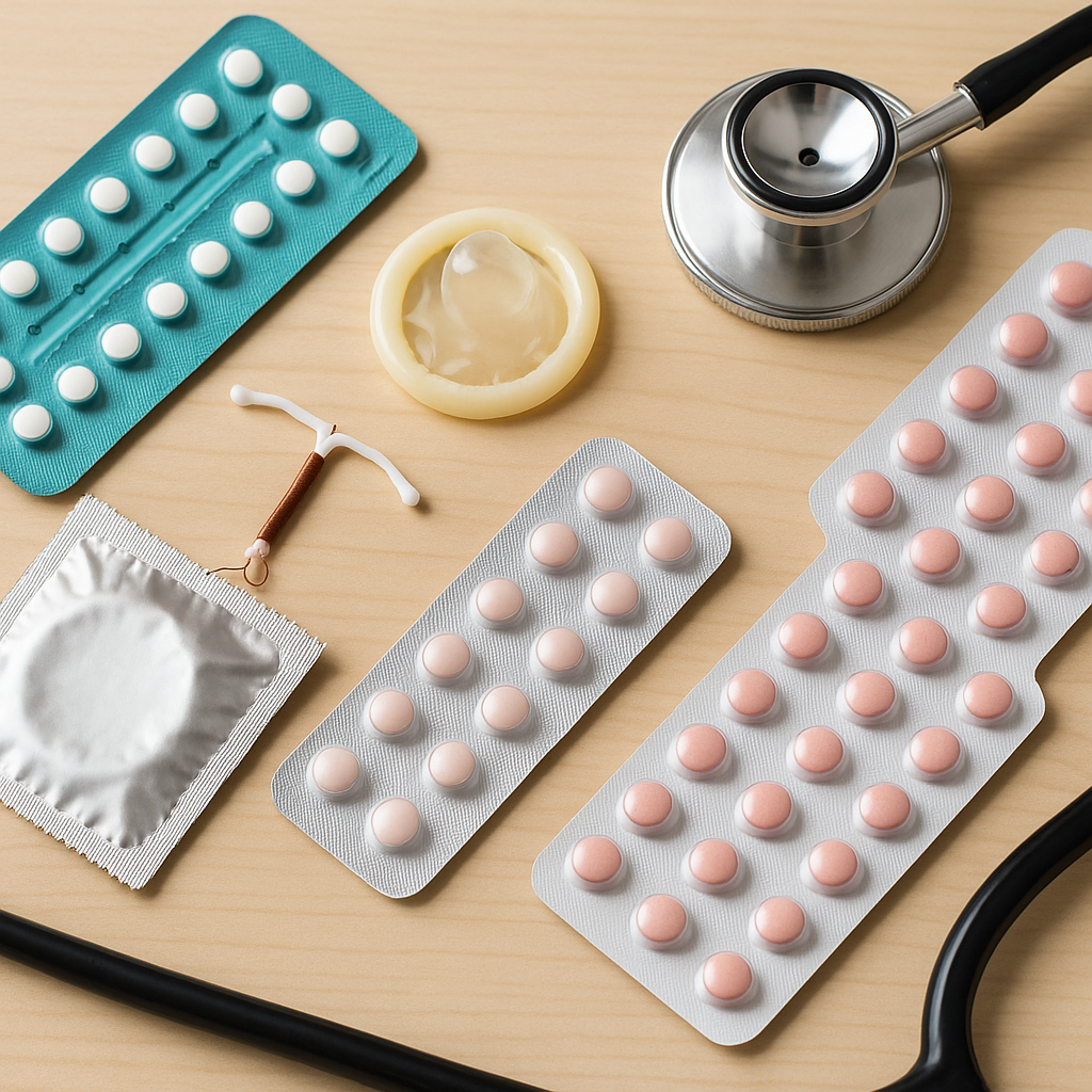 Birth control options on a table, such as pills, condoms, and IUDs.