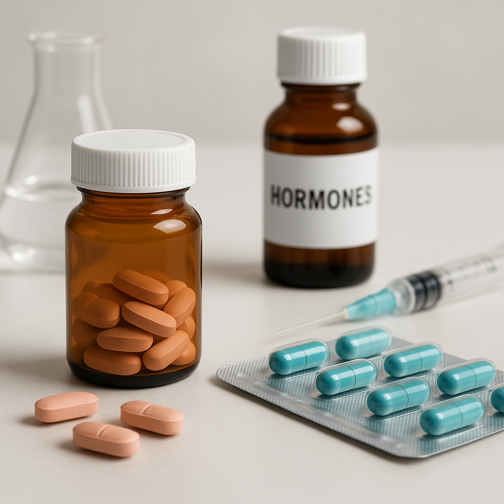 Bottles containing tablets, capsules, and syringes for hormone medicines.