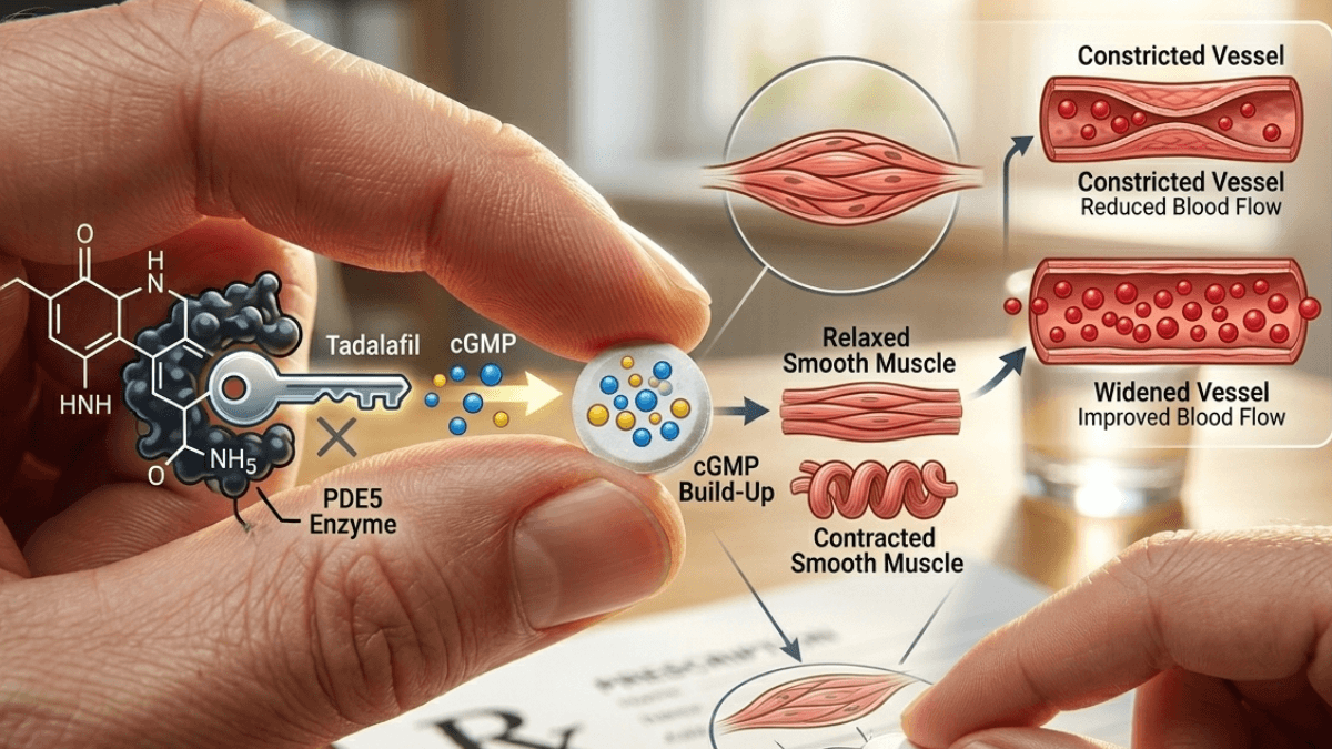 Hands holding a tablet with a diagram showing how tadalafil blocks PDE5, raises cGMP, and relaxes blood vessels for improved blood flow, alongside a prescription pad.