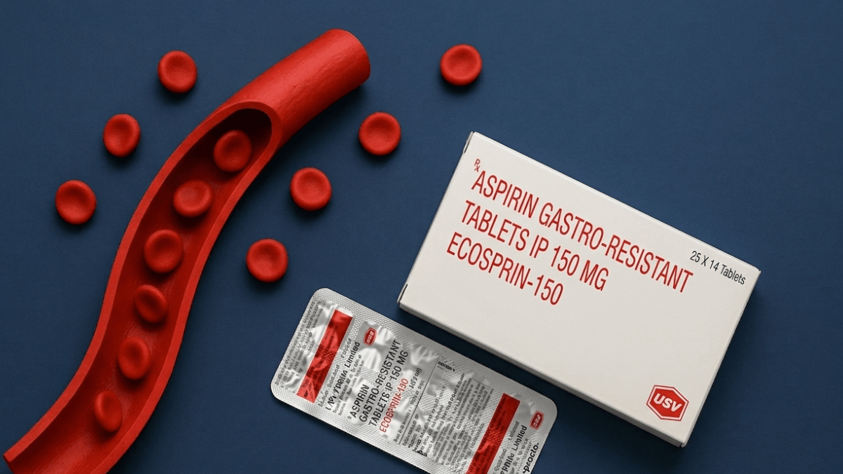 Aspirin gastro-resistant tablets 150mg box with blister pack and artery model