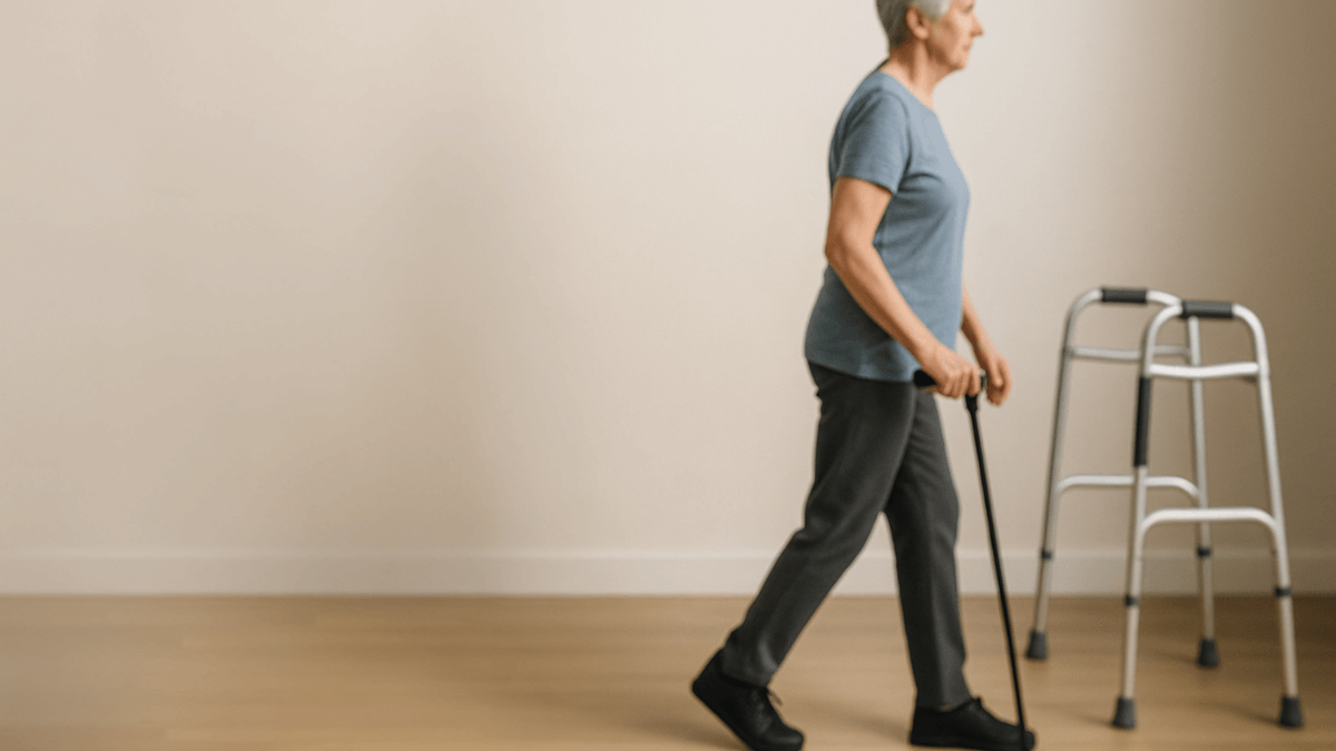 An elderly person with mobility problems Using a cane while inside, with a walker in the backdrop.