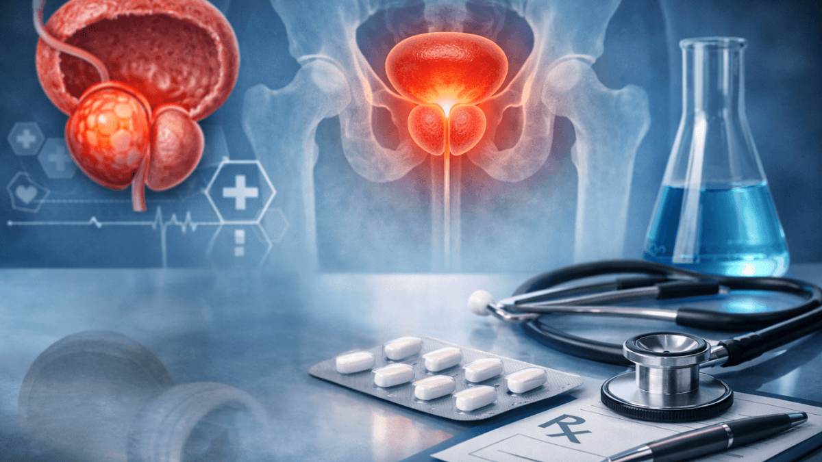 Medical illustration showing enlarged prostate and tablets used for benign prostatic hyperplasia treatment.