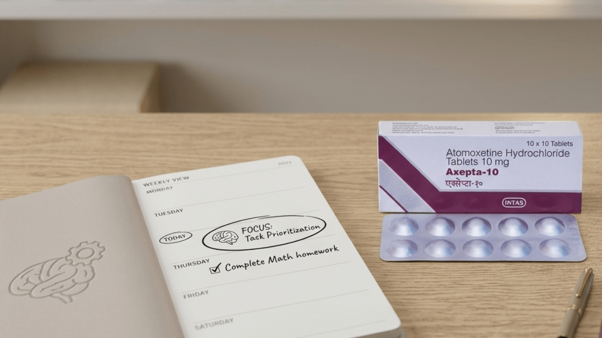 Axepta 10 Atomoxetine 10mg tablet blister pack by Intas next to a focus planner