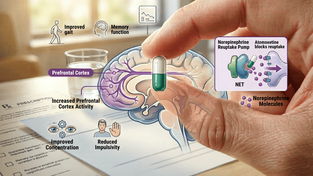 Axepta 18 atomoxetine 18mg capsule blocking norepinephrine reuptake in prefrontal cortex to improve ADHD concentration and reduce impulsivity
