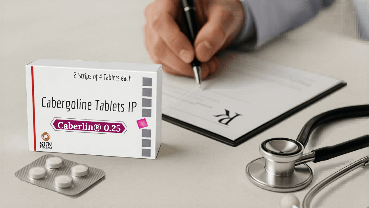 Caberlin 0.25 cabergoline tablets with prescription form and stethoscope on desk