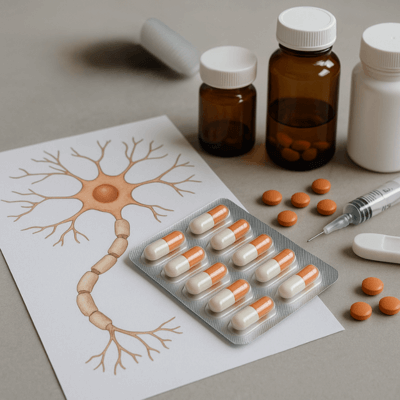 Illustration of a nerve cell alongside multiple sclerosis medicine: Capsules and tablets