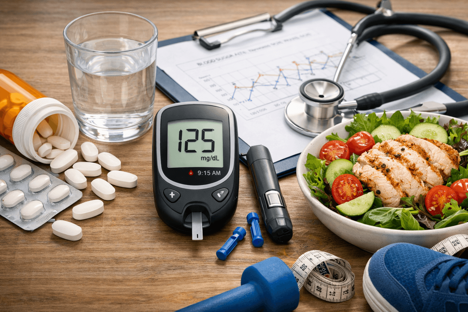Blood glucose monitor showing 125 mg/dL with diabetes medication, healthy meal, and medical equipment on table