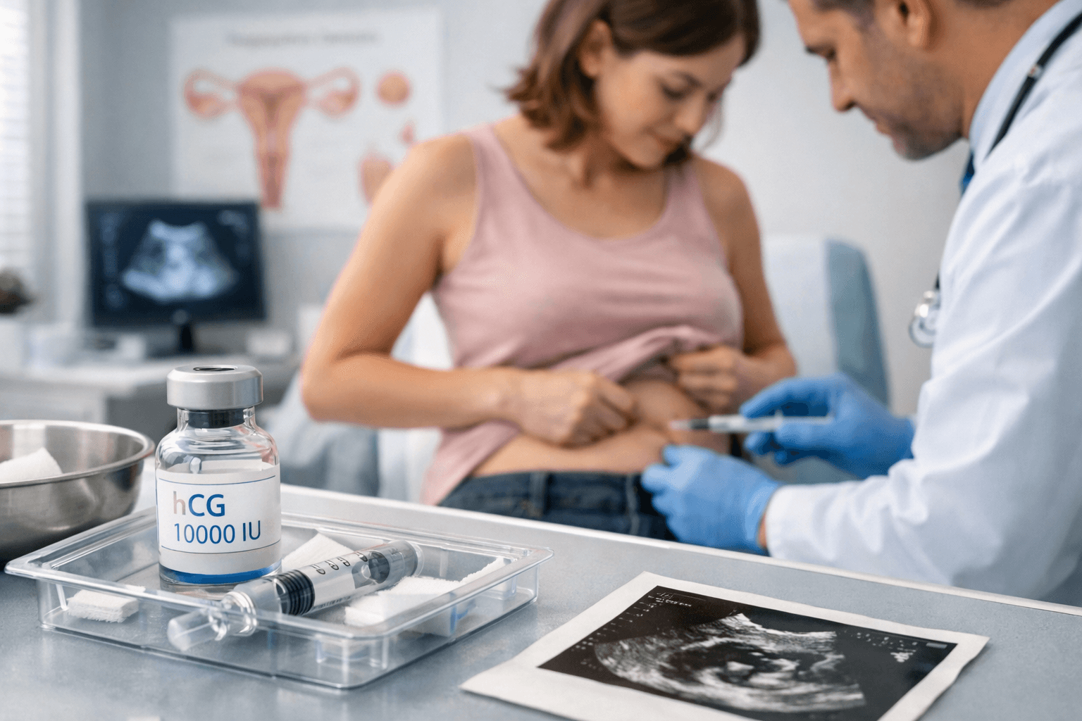 hCG 10000 IU injection administered by doctor during fertility treatment