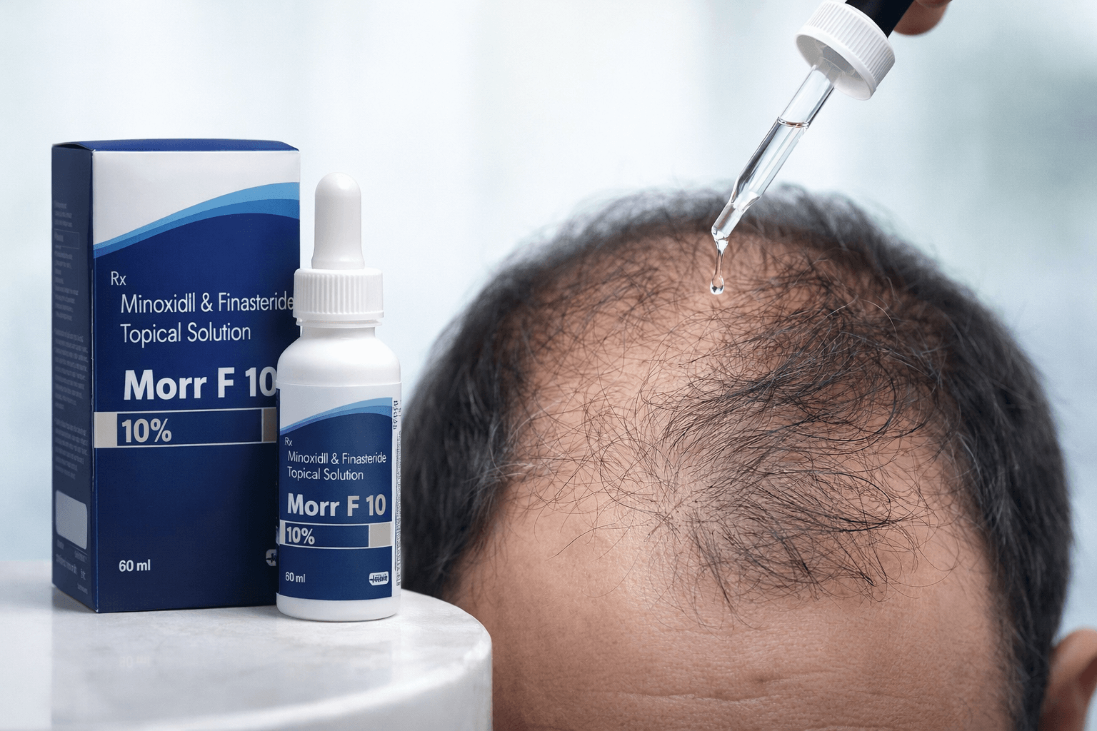 Morr F 10 topical solution applied to the thinning scalp for androgenetic alopecia treatment.