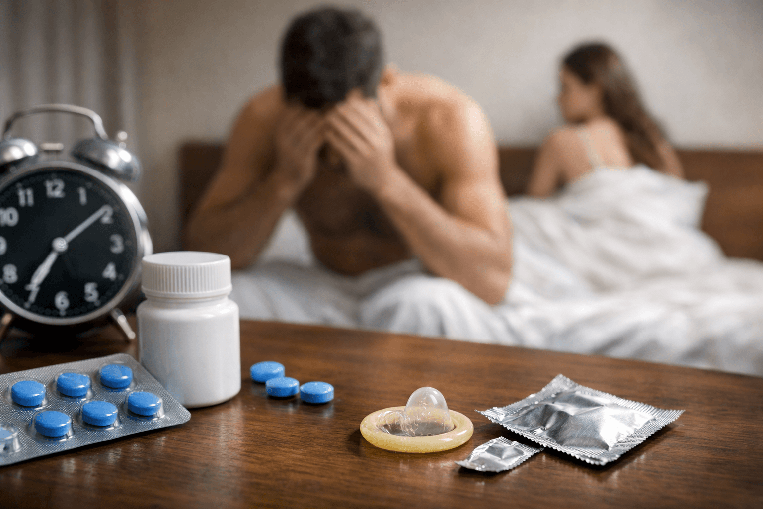 Premature ejaculation treatment concept showing tablets, condom, and distressed couple in bedroom setting.