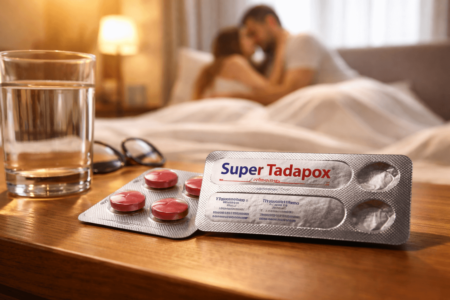 Super Tadapox tablets for erectile dysfunction and premature ejaculation on bedside table
