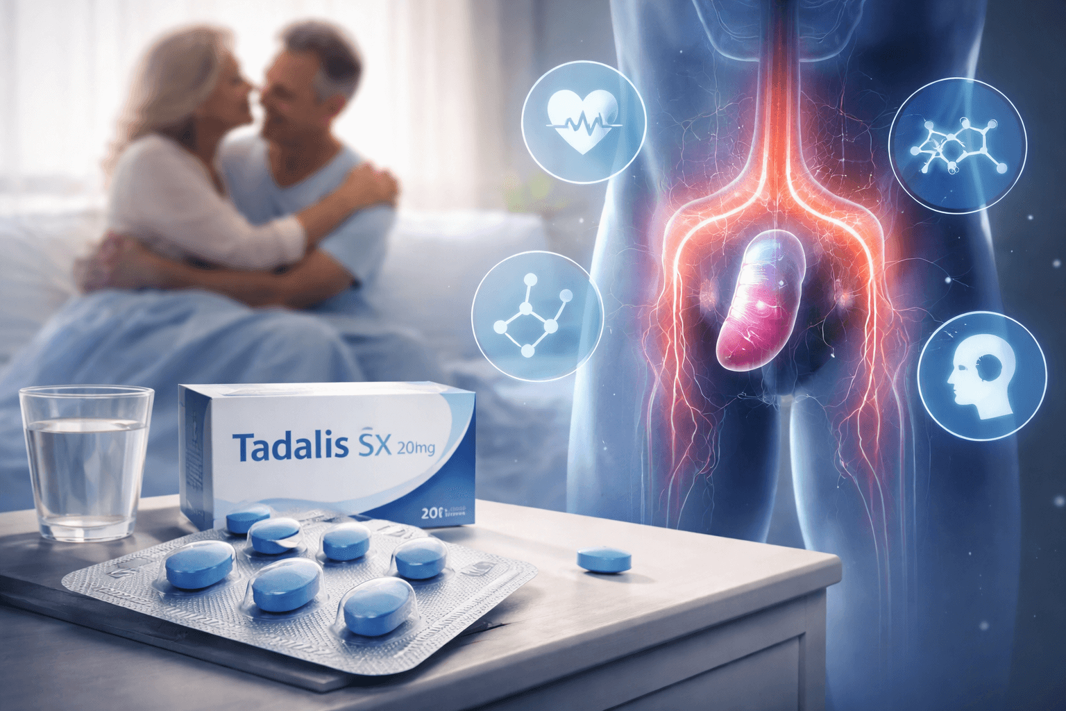 Tadalis SX 20mg tablets shown for erectile dysfunction treatment with medical illustration of blood flow support.