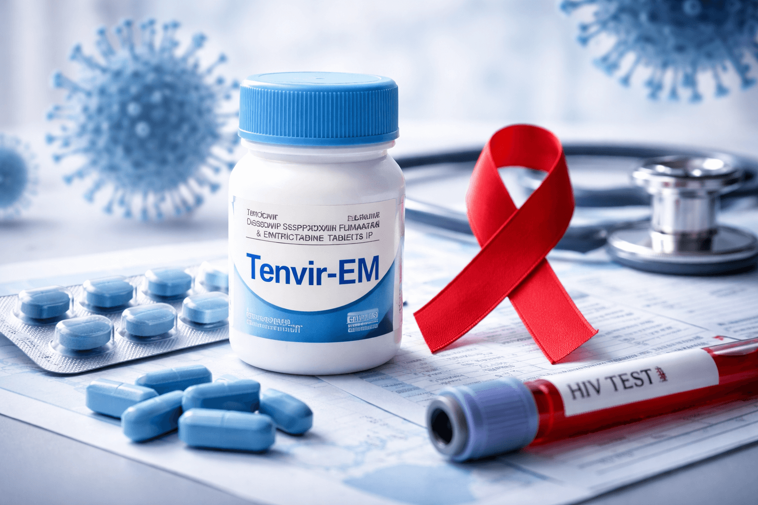 Tenvir-EM tablets with HIV awareness ribbon and medical testing equipment