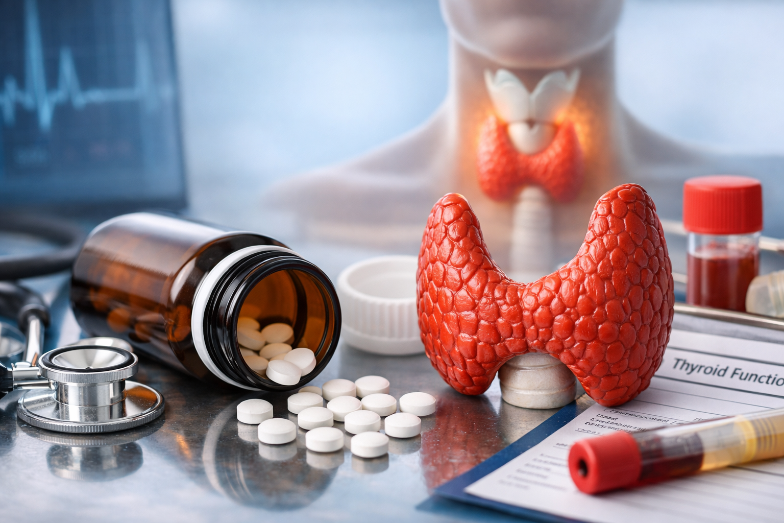 Thyroid gland model with tablets and thyroid function test report