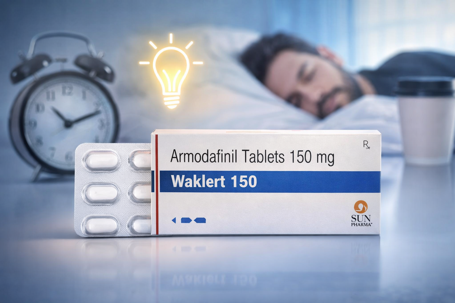 Waklert 150 mg tablets pack for treating excessive daytime sleepiness and improving wakefulness