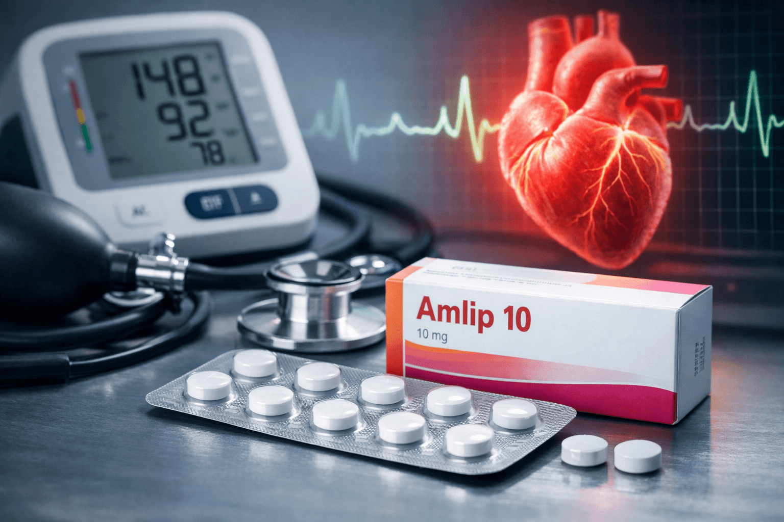 Amlip 10 mg tablets with a blood pressure monitor and heart graphic for hypertension treatment.