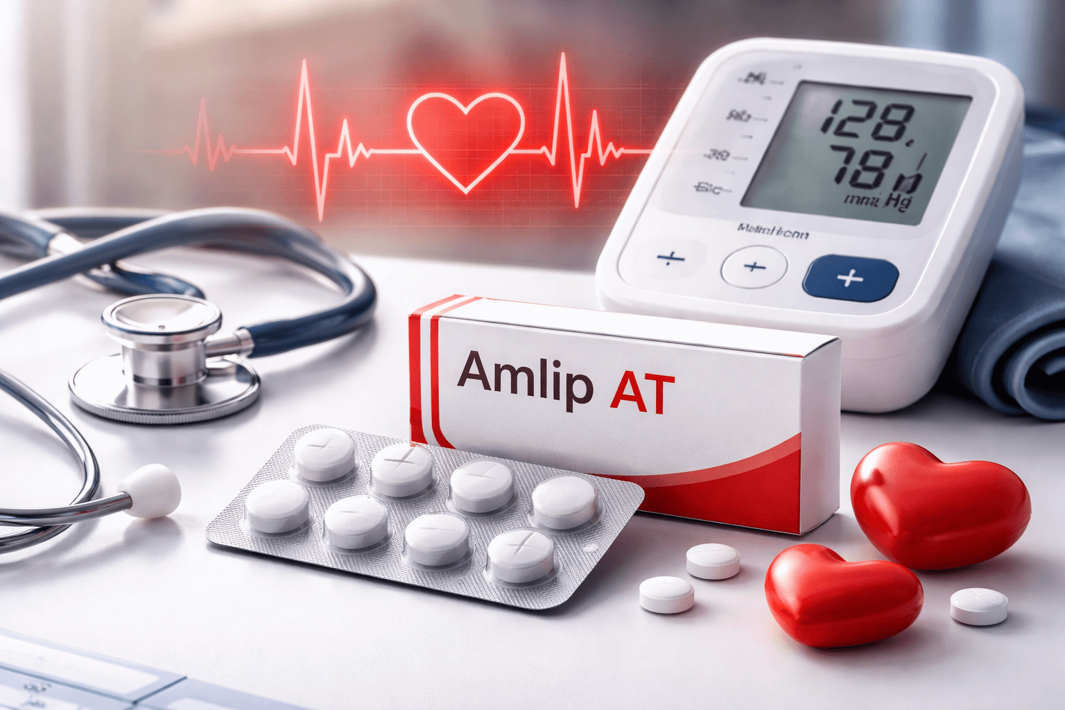 Amlip AT tablets with a blood pressure monitor, a stethoscope and a heart graphic for hypertension management.