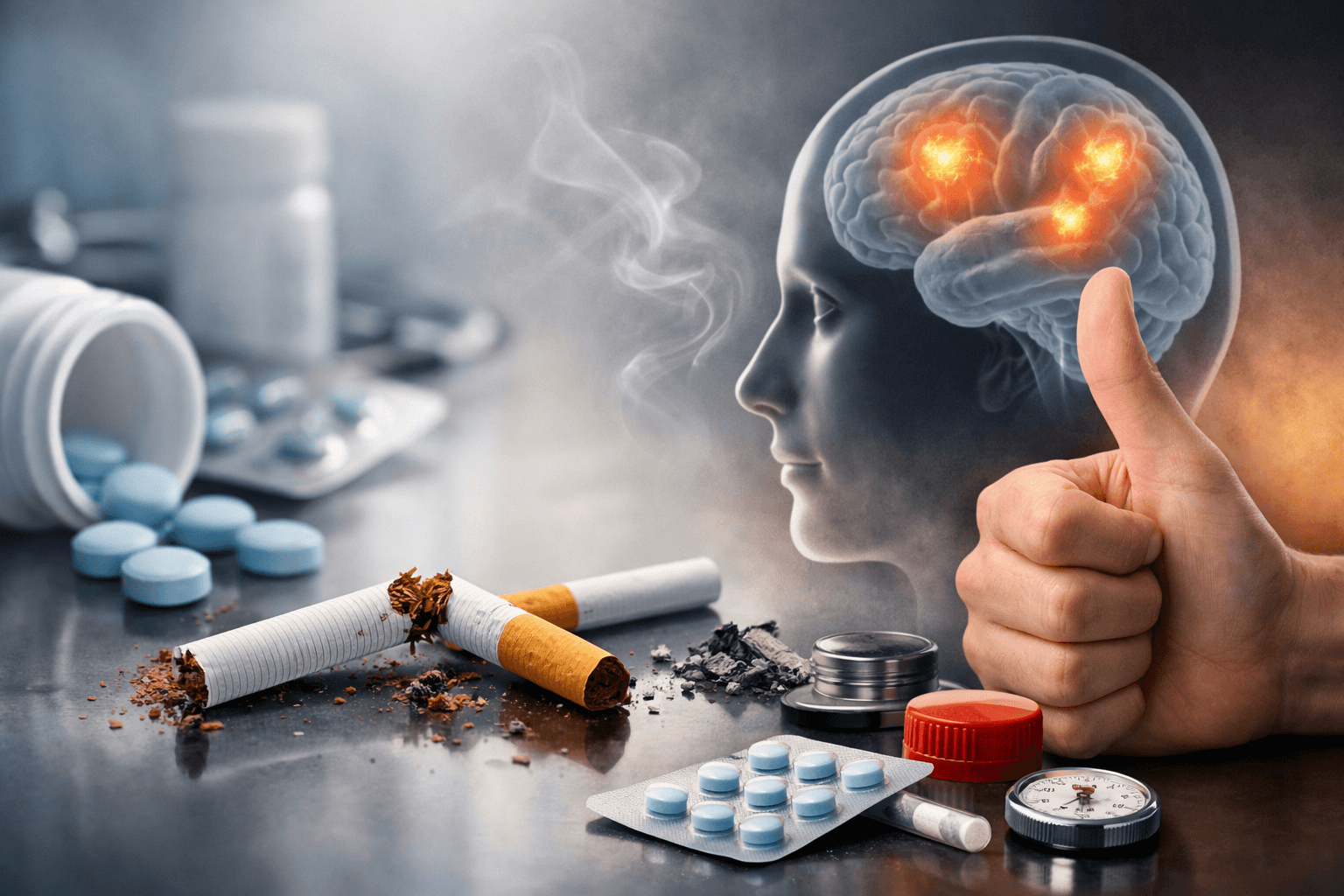 Smoking cessation medicine with cigarettes, tablets, and a brain illustration showing addiction control. 