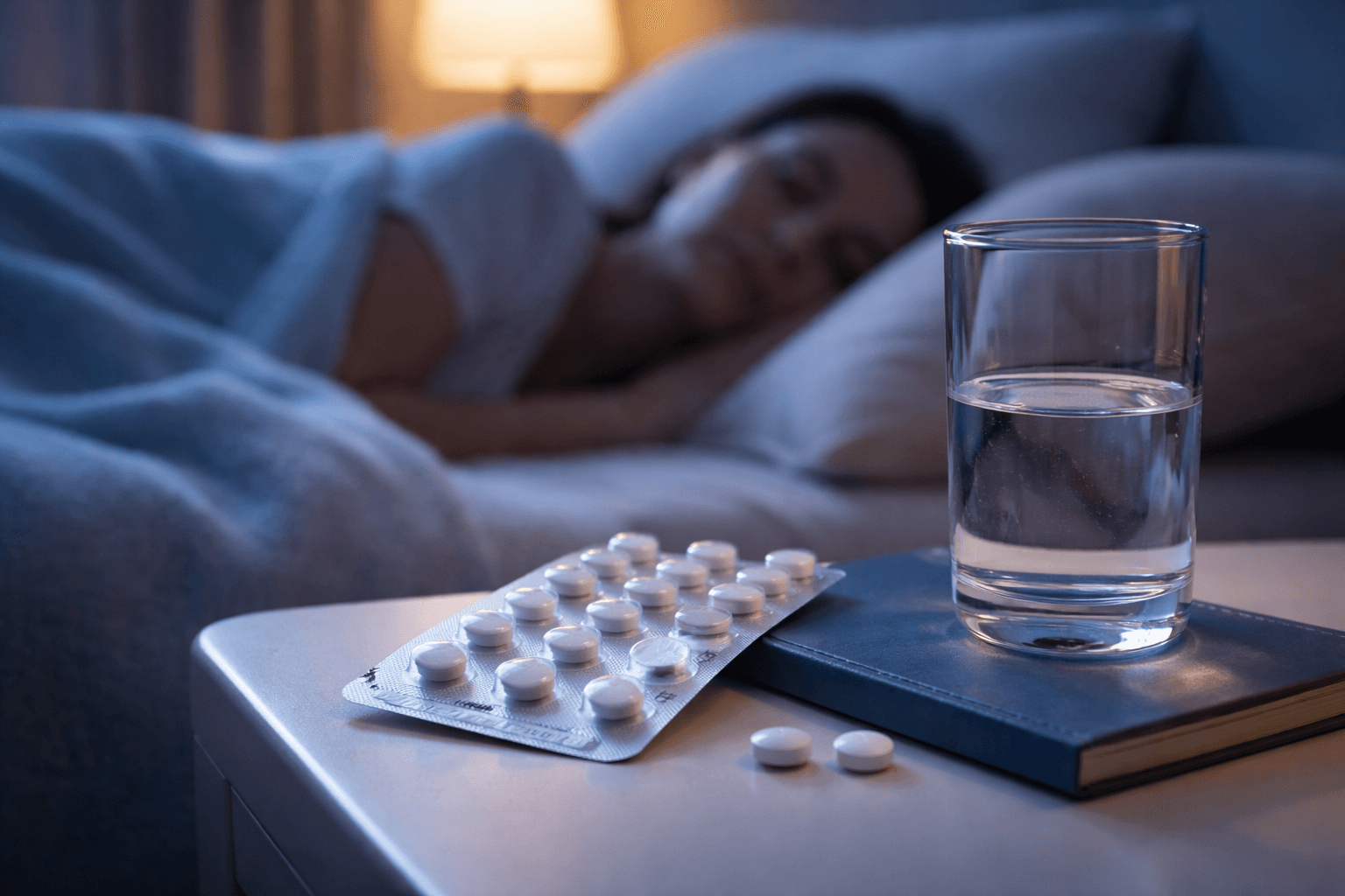 Prescription sleeping tablets with water beside a bed, showing insomnia treatment for adults.