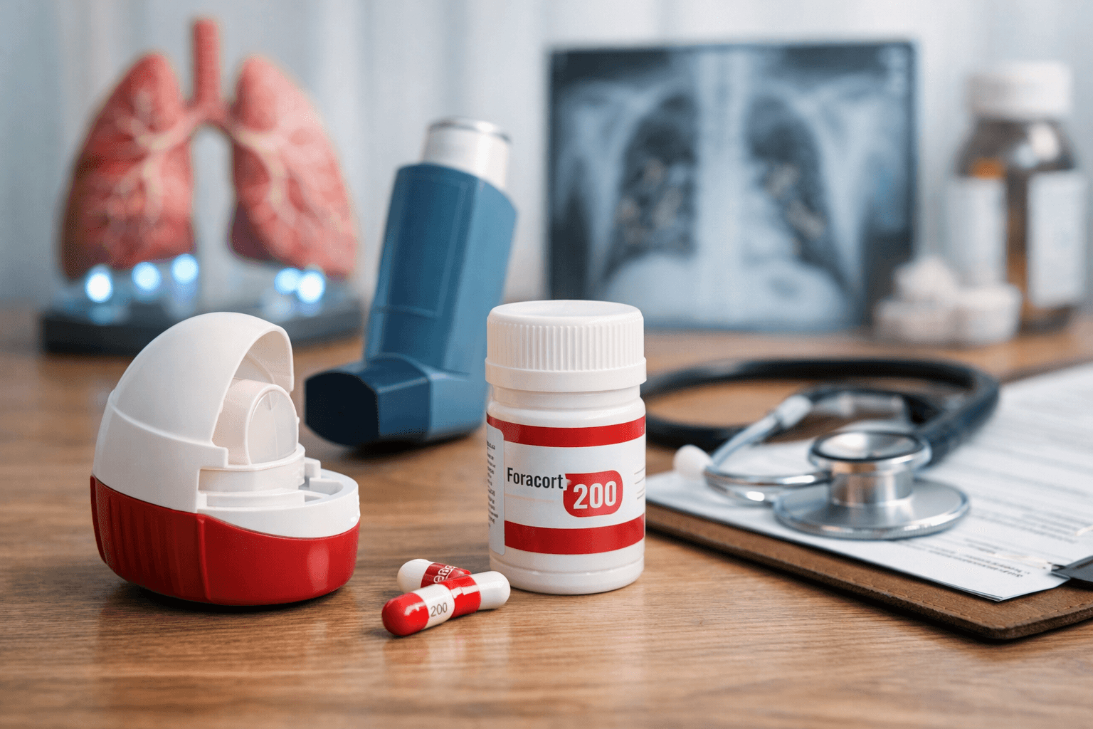 Foracort 200 inhaler and capsules for asthma and COPD treatment with a lung model and a stethoscope in a clinical setting.
