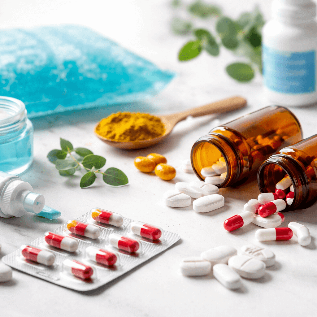 Anti-inflammatory medicines and pain relief tablets are displayed with supplements on a clean medical surface.