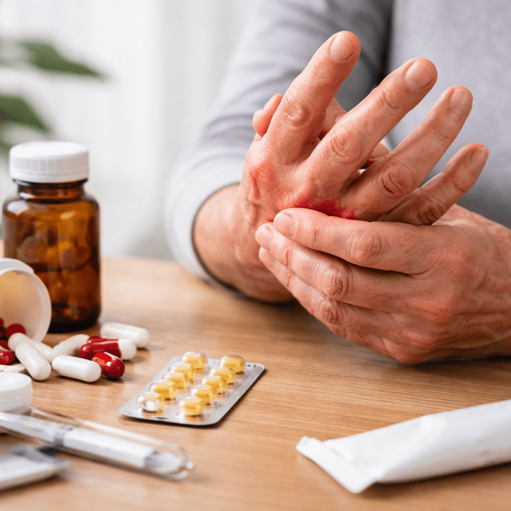Person holding an inflamed hand joint with arthritis pain, alongside prescribed tablets and medical supplies.