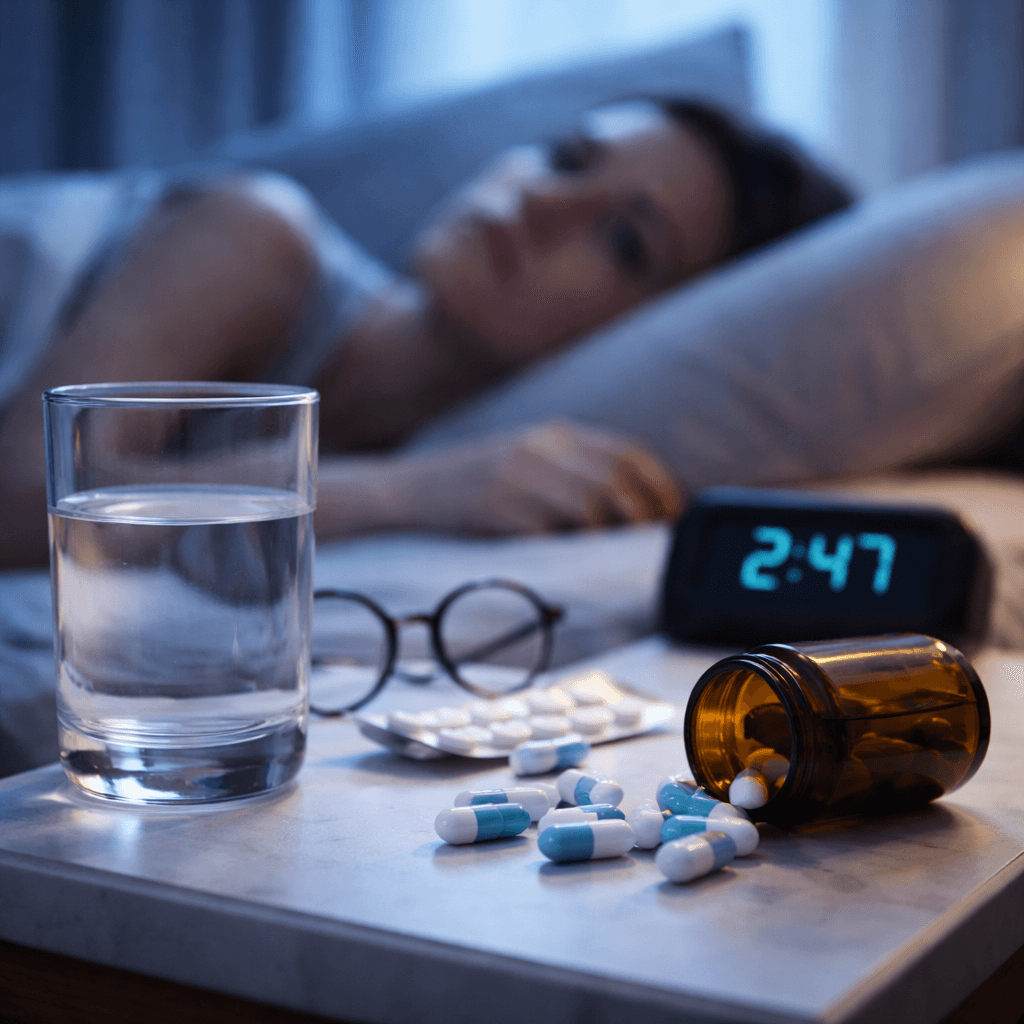 Sleeping patient with medicine and an alarm clock, representing insomnia and sleep disorder management under medical guidance.
