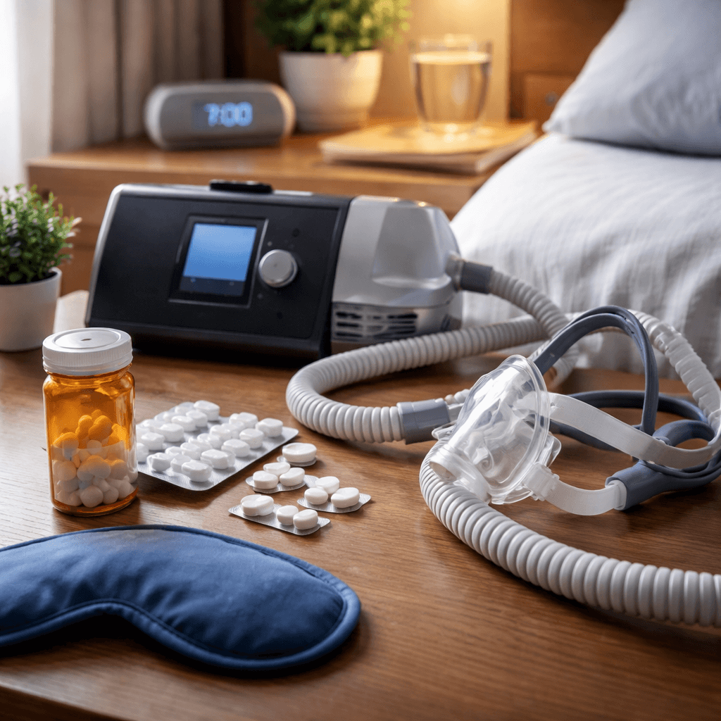 CPAP machines and medicine are shown for managing obstructive sleep apnoea and related daytime sleepiness.