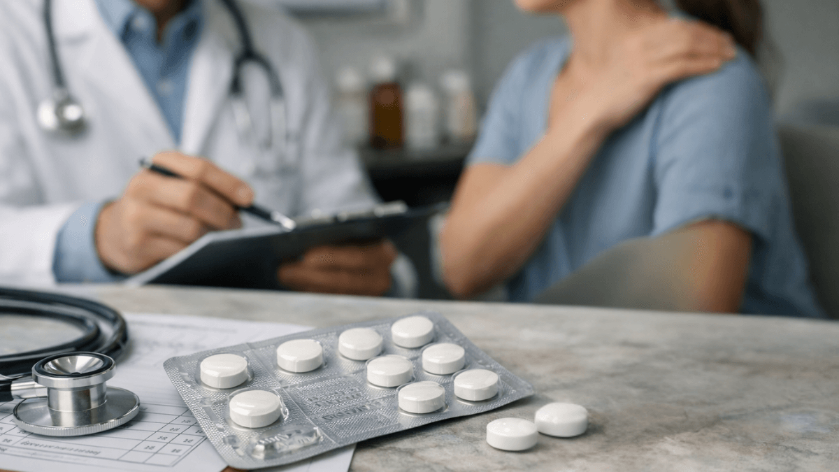 Doctor consulting patient about pain treatment with tablets and medical notes on desk