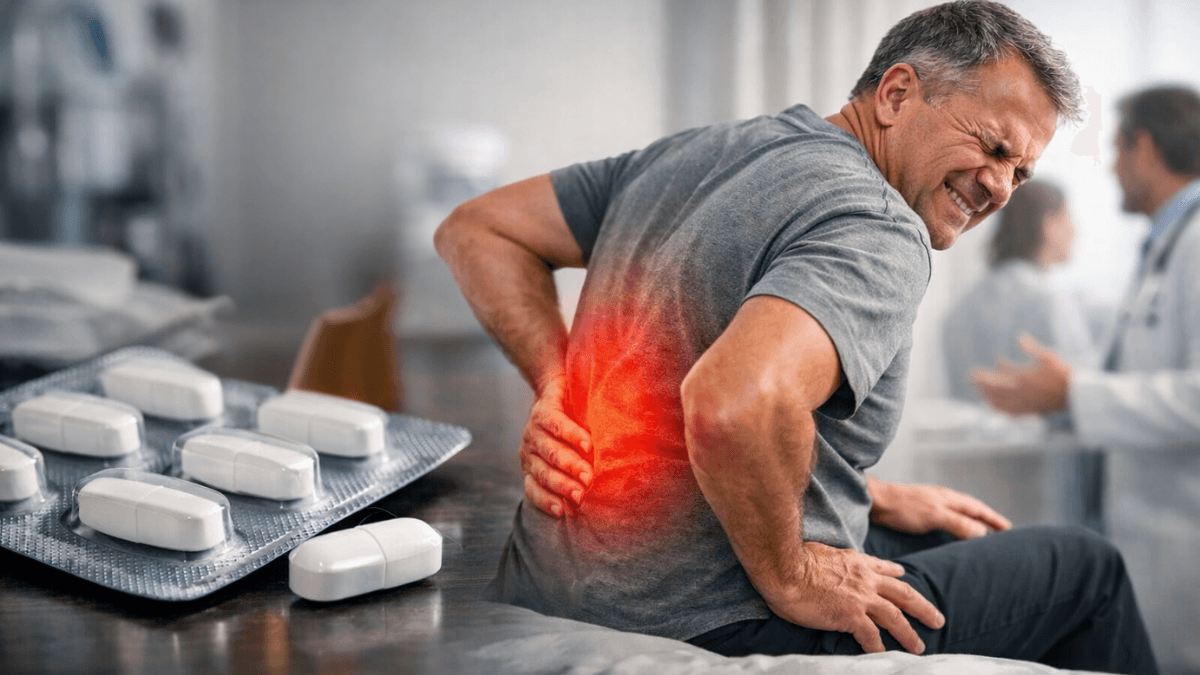 A man experiencing severe back pain with pain relief tablets on the table. 