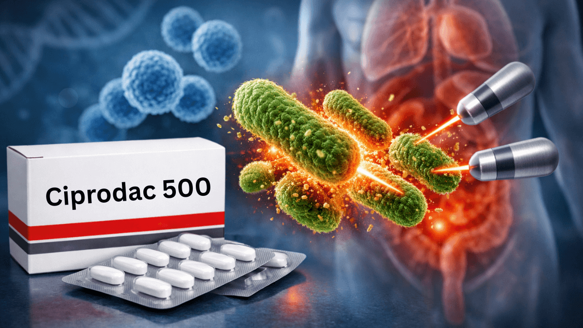 Ciprodac 500 tablet packaging with ciprofloxacin antibiotic action against bacteria 