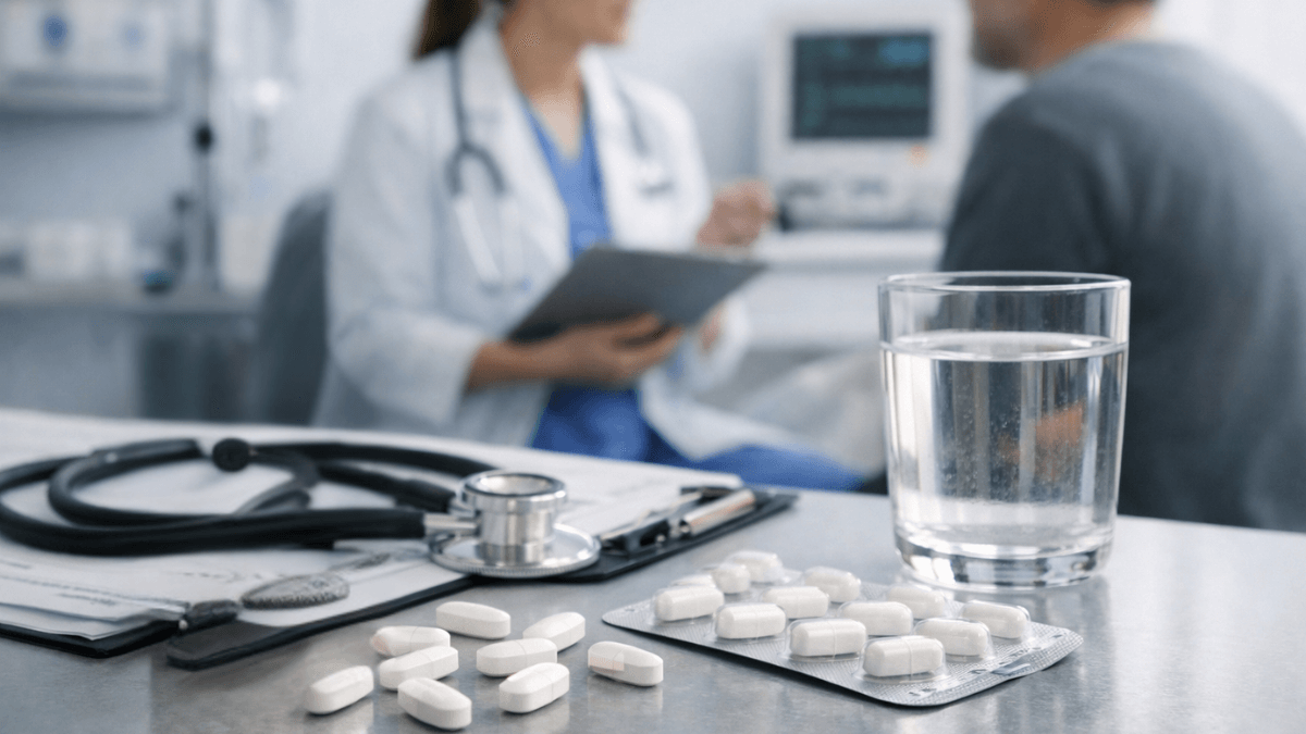 Doctor consulting patient with prescription tablets, water glass, and medical equipment in a clinical setting.