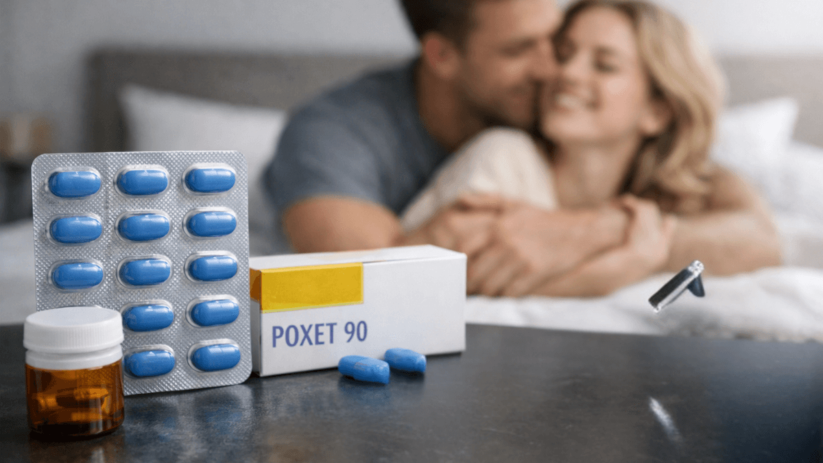 Poxet 90 tablets and packaging shown with a couple in the background, representing treatment for premature ejaculation