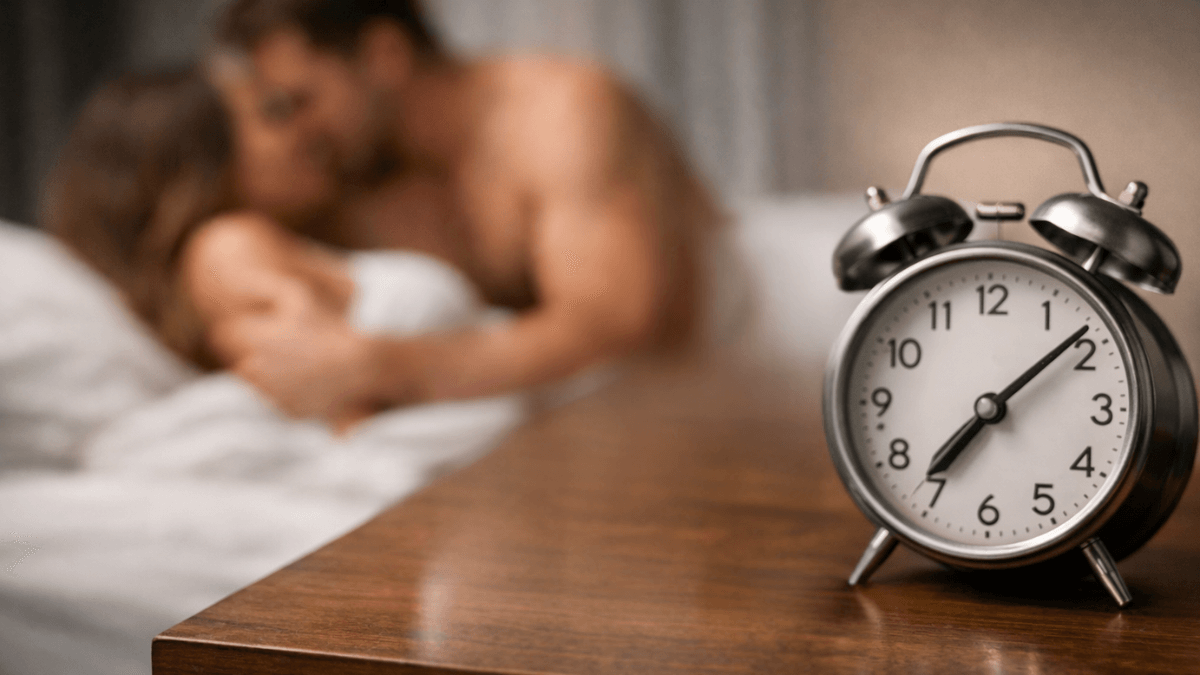 Alarm clock in foreground with couple in bed, symbolising premature ejaculation