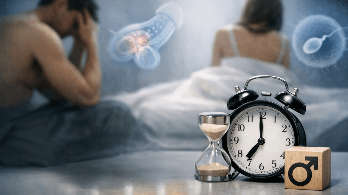 A man experiencing sexual performance anxiety, symbolising erectile dysfunction and premature ejaculation, with time and intimacy concerns. 