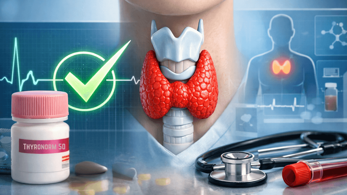 Thyronorm 50 mcg bottle with thyroid gland medical illustration