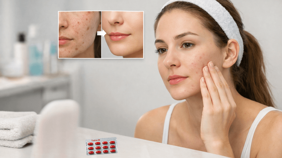 Woman with acne-prone skin showing before and after results of acne treatment, representing Tretiva 20 mg oral isotretinoin for severe acne care.