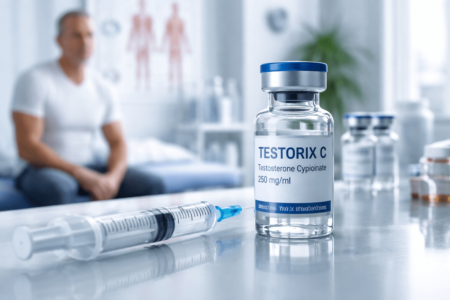 Testorix C testosterone injection with syringe in clinic setting
